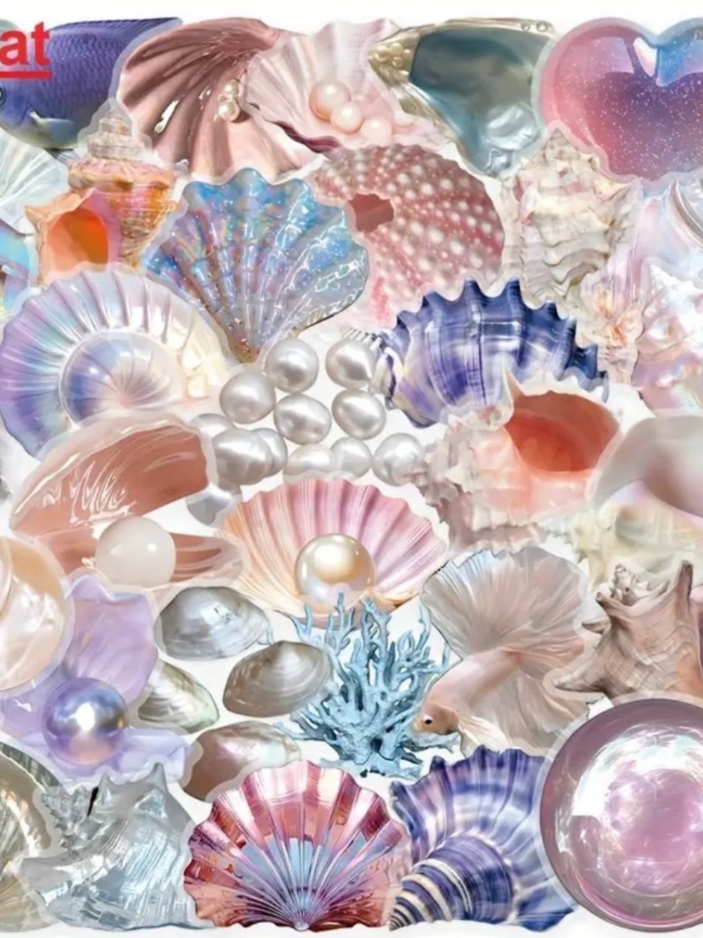 50 Pastel Shells & Pearls Stickers Underwater Fish Ocean Coral Seashell Scallop